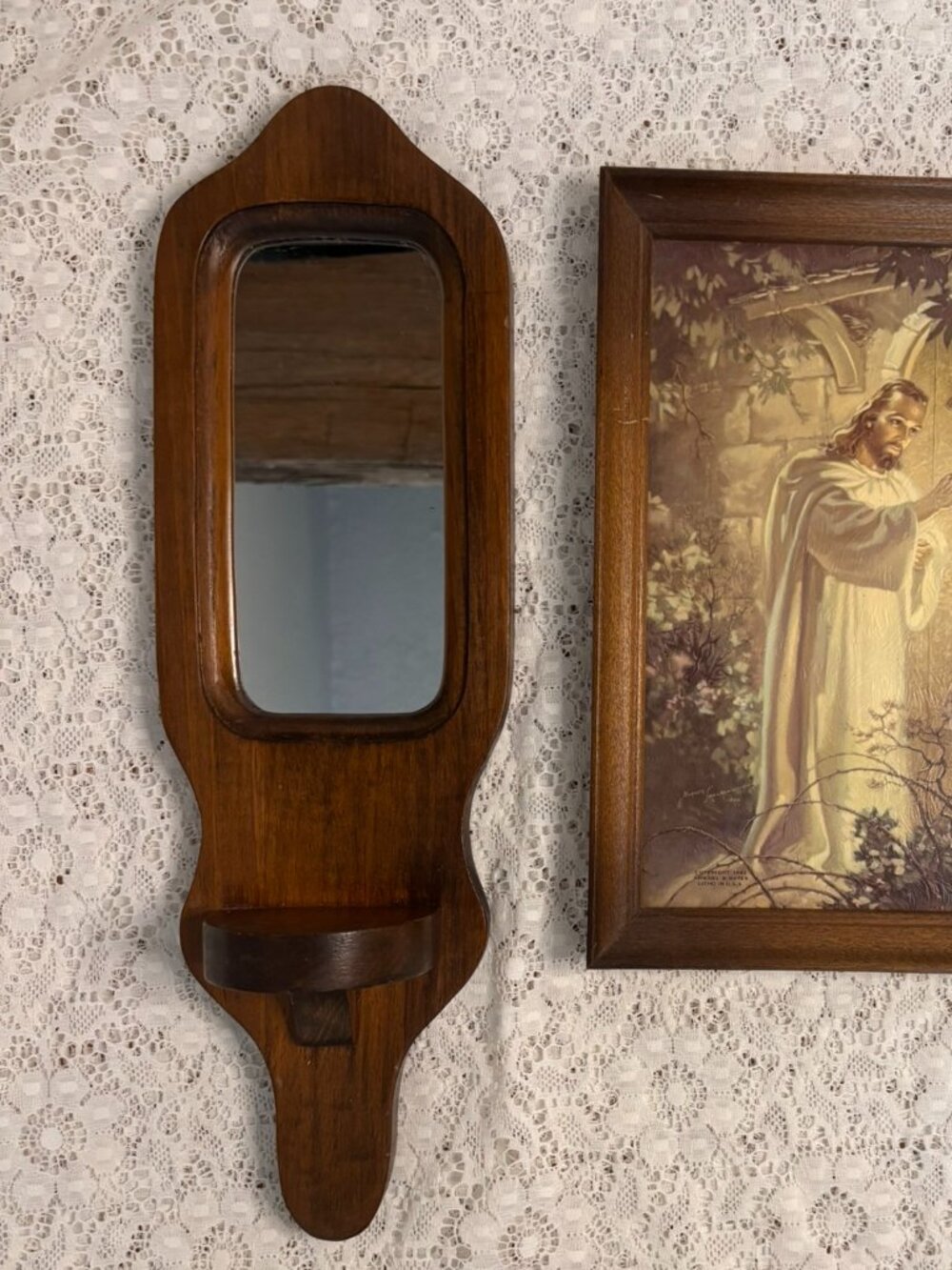 VTG MCM Wood Wall Mirror Sconce Colonial Farmhouse Candle Holder
